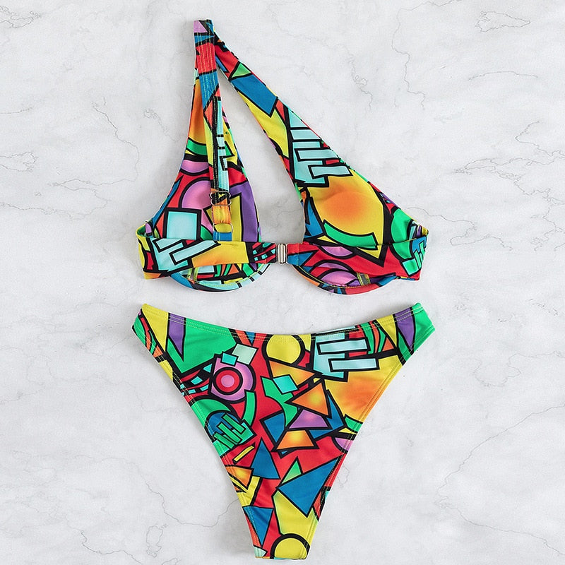 Abstract One Shoulder High Cut Bikini Set