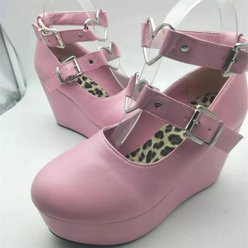 Pink Love Buckle Platform Pumps
