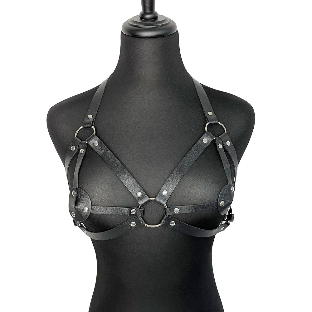 Seductive Women's Leather Lingerie Body Harness Outfit