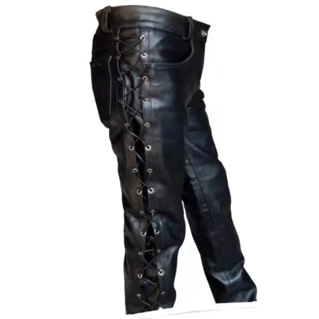 Black Lace Up PU Leather Pants