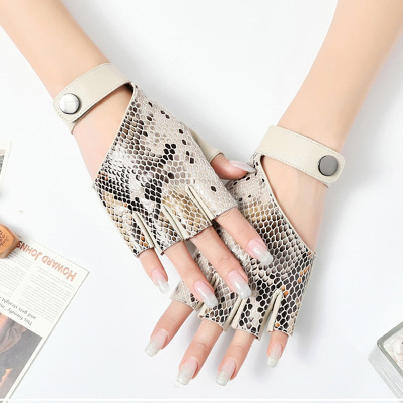 Womens Snakeskin Fingerless Leather Gloves