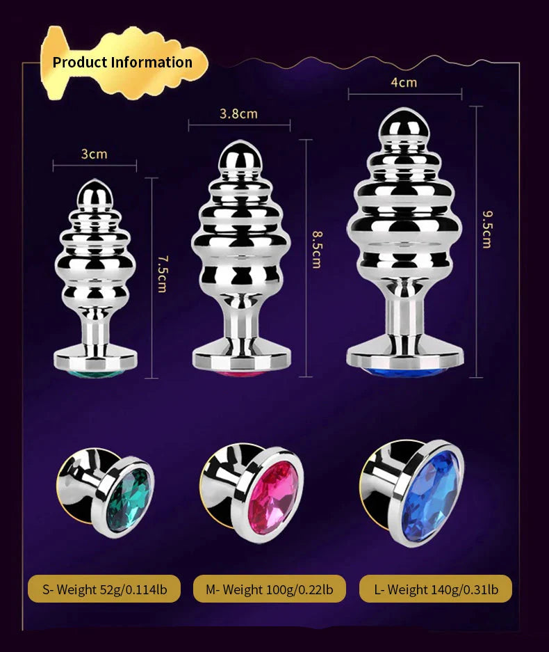 Stainless Steel Jewel Ribbed Butt Plug