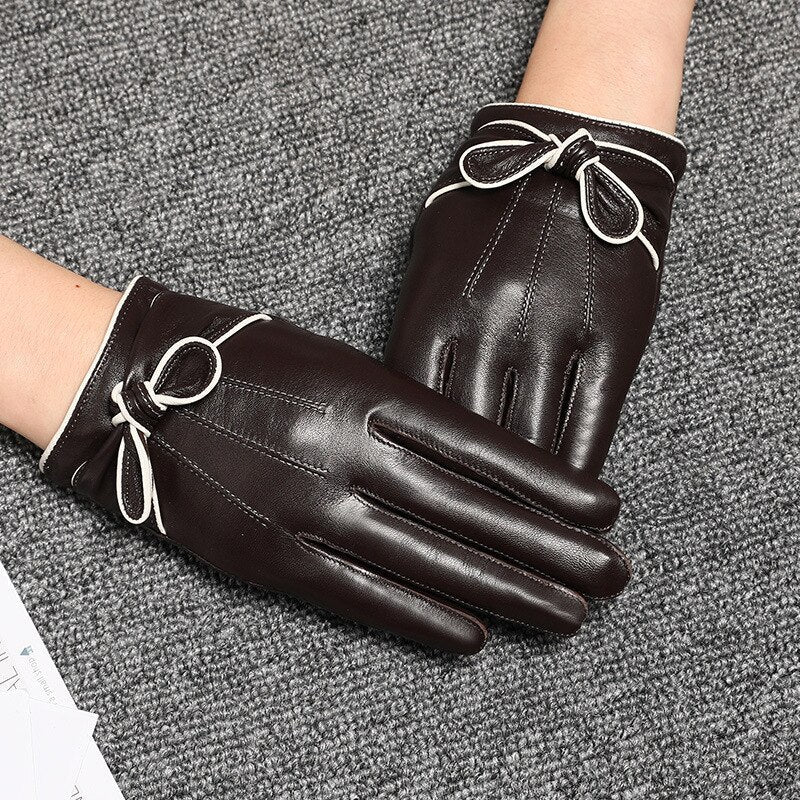Winter Leather Gloves With Bow
