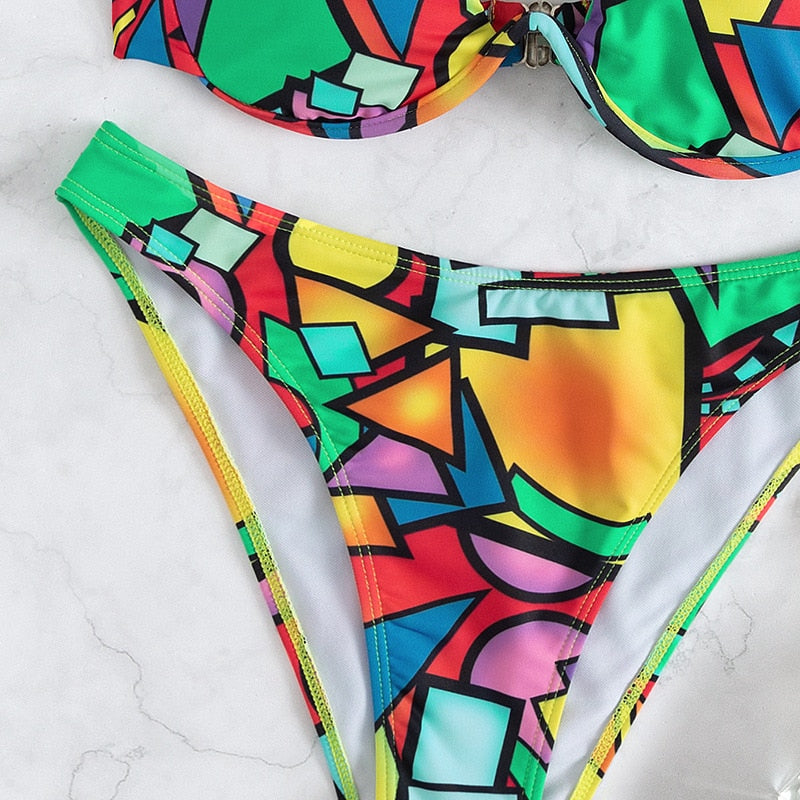 Abstract One Shoulder High Cut Bikini Set