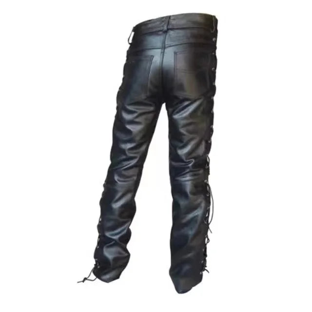 Black Lace Up PU Leather Pants