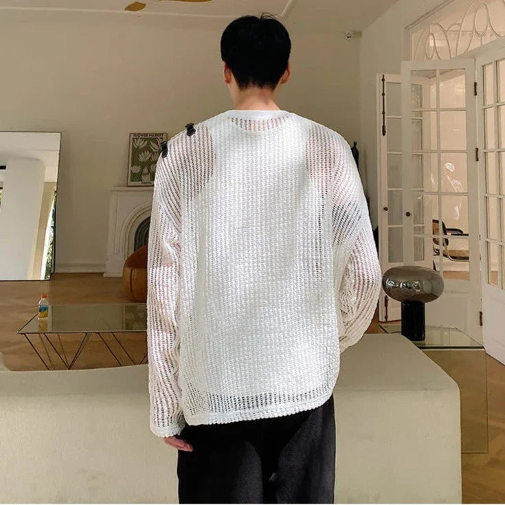 Versatile See-Through Knitted Long Sleeve Top