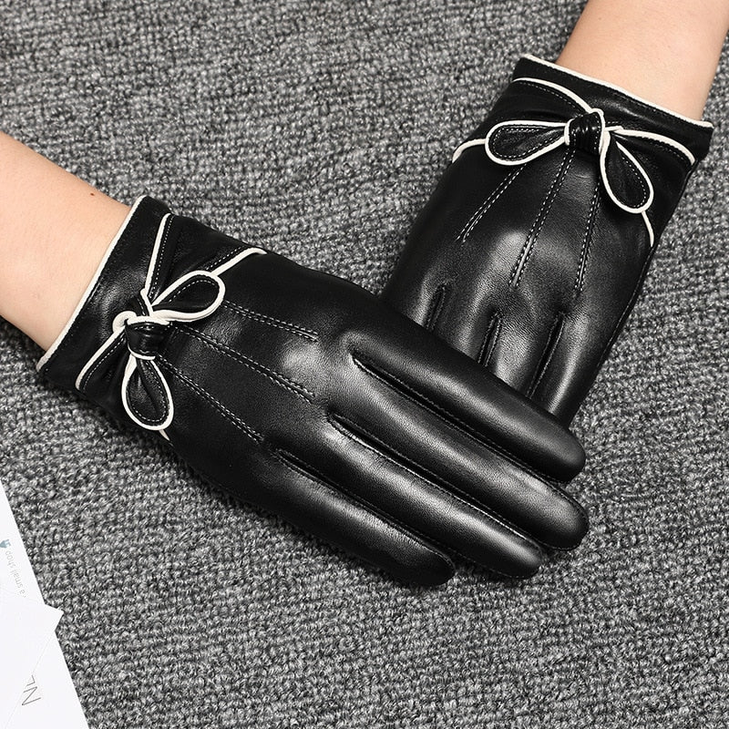 Winter Leather Gloves With Bow