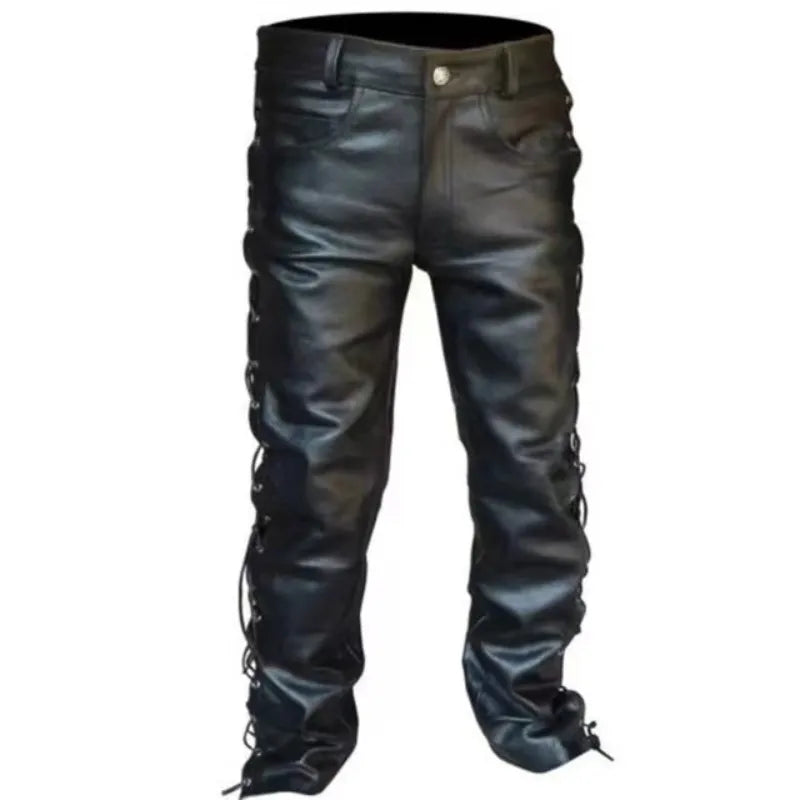 Black Lace Up PU Leather Pants