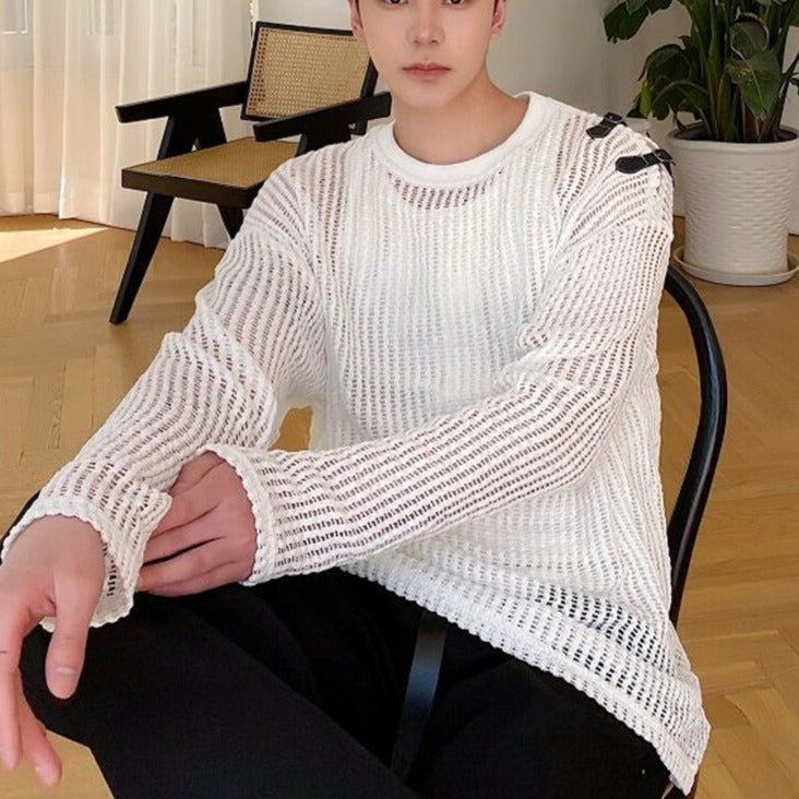 Versatile See-Through Knitted Long Sleeve Top