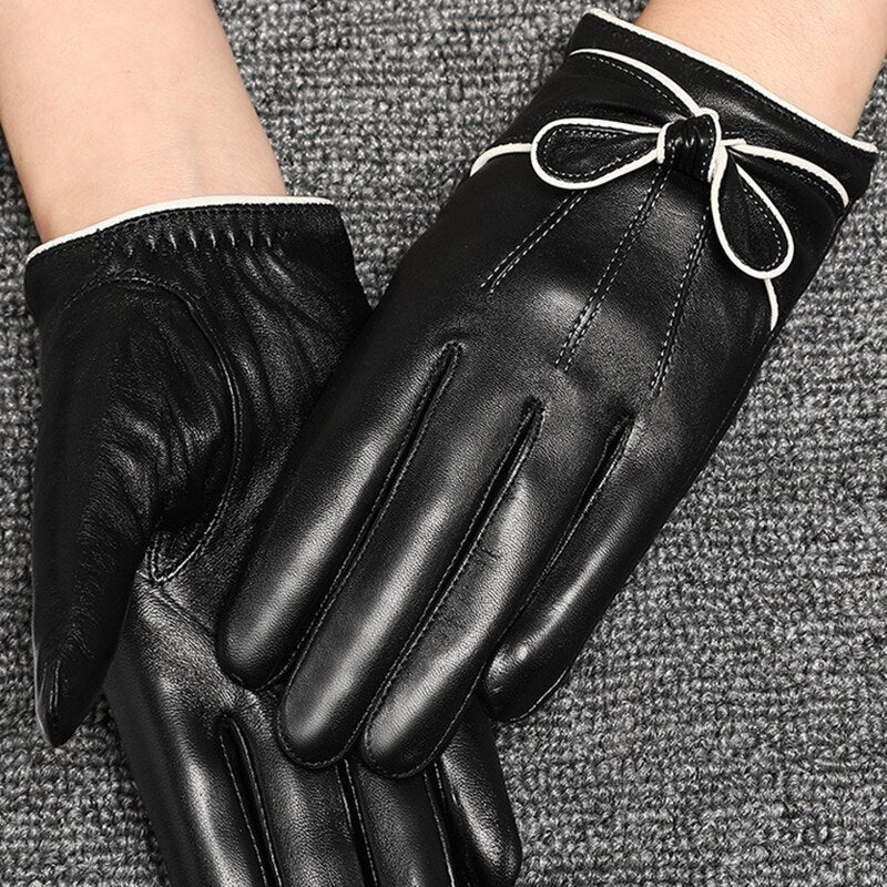 Winter Leather Gloves With Bow