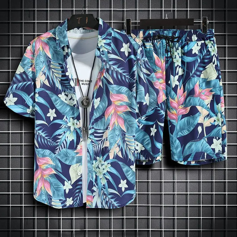 Hawaiian Floral Short Sleeve Shirt + Shorts (2 Piece Outfit)