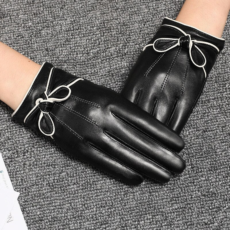 Winter Leather Gloves With Bow
