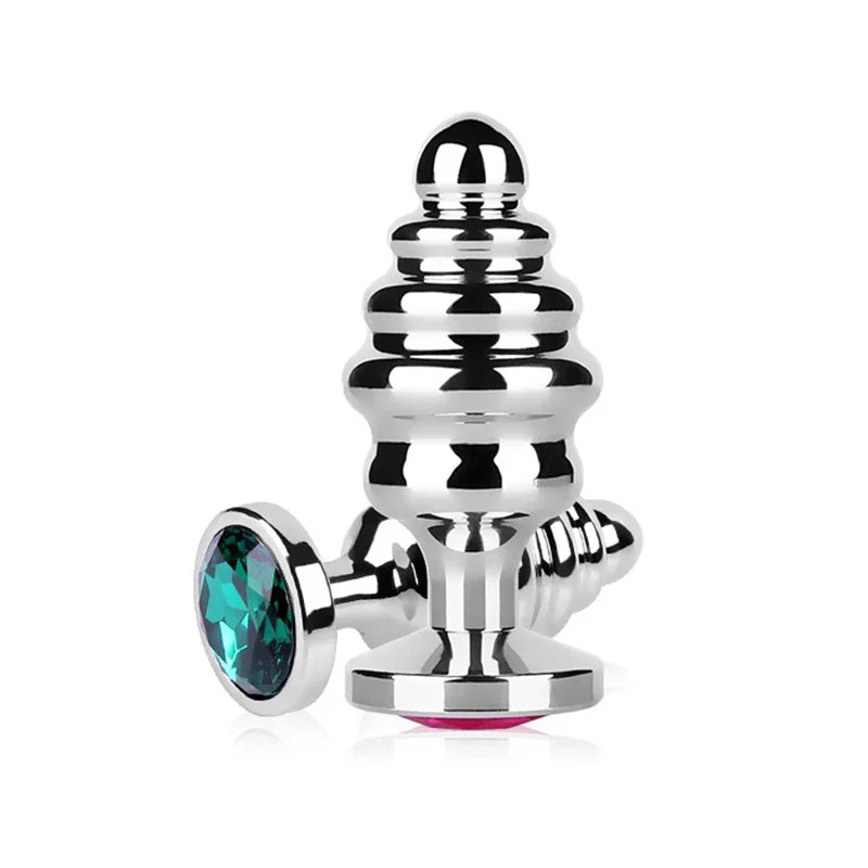 Stainless Steel Jewel Ribbed Butt Plug