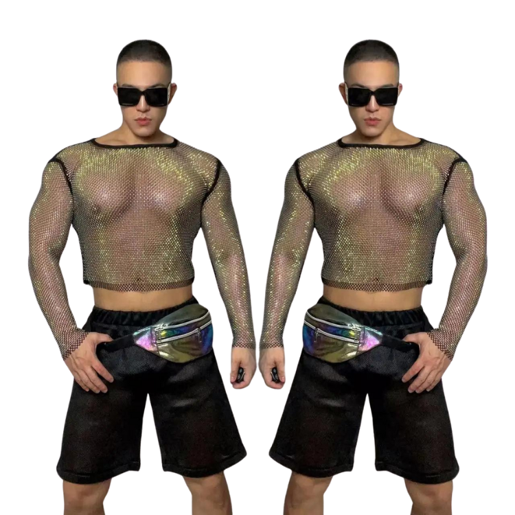 Sexy Rainbow Rhinestone Mesh Hoodie Set