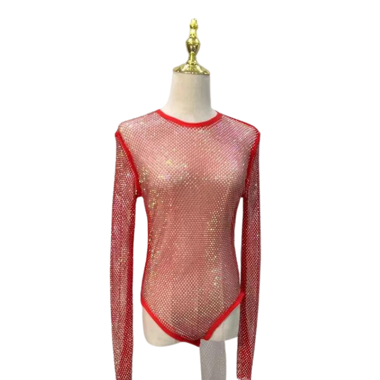 Women's Rhinestone Fishnet See-Through Sexy Bodysuit