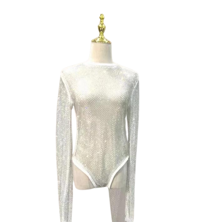 Women's Rhinestone Fishnet See-Through Sexy Bodysuit