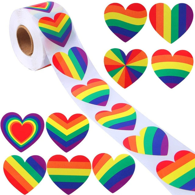 500 LGBT Pride Heart Stickers On A Roll