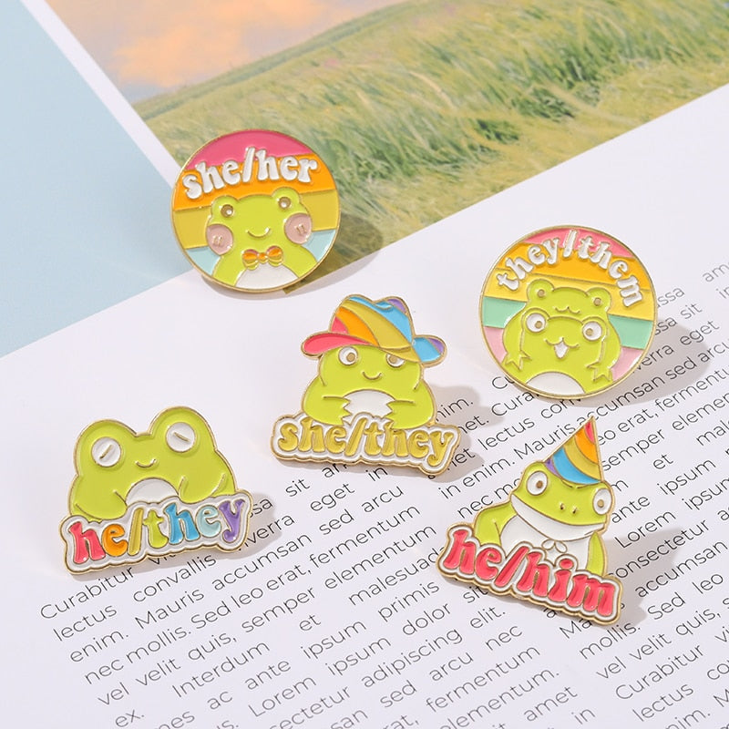Frog Pronouns Enamel Pins