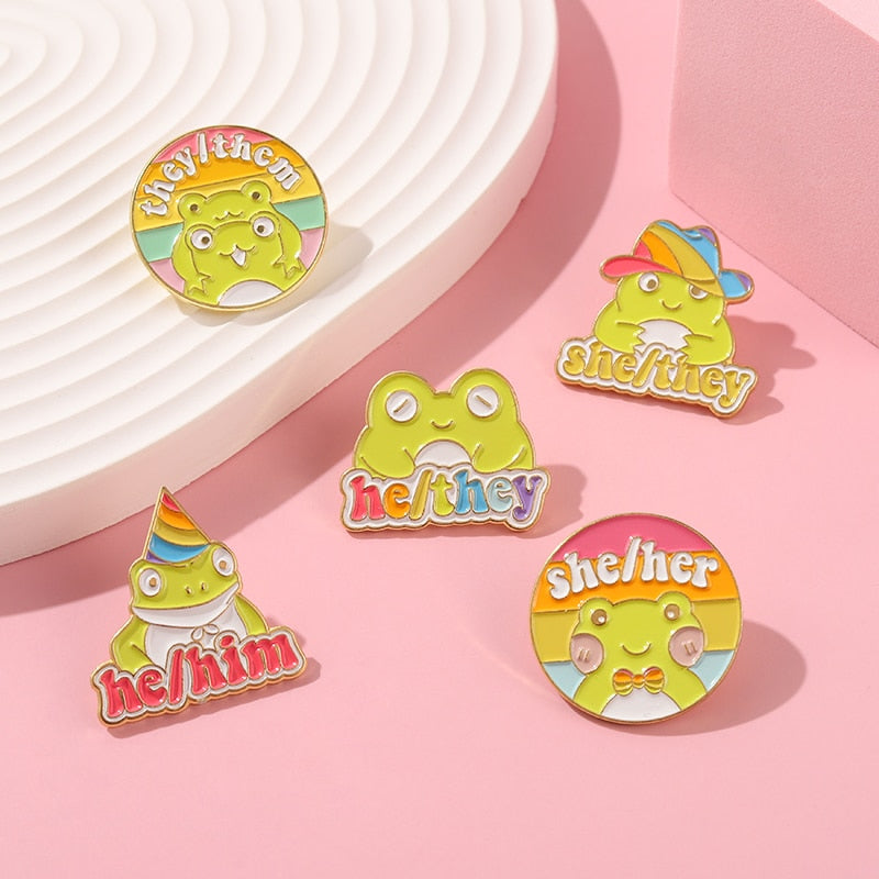 Frog Pronouns Enamel Pins