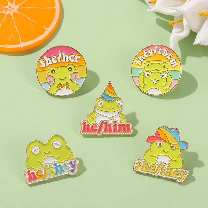 Frog Pronouns Enamel Pins