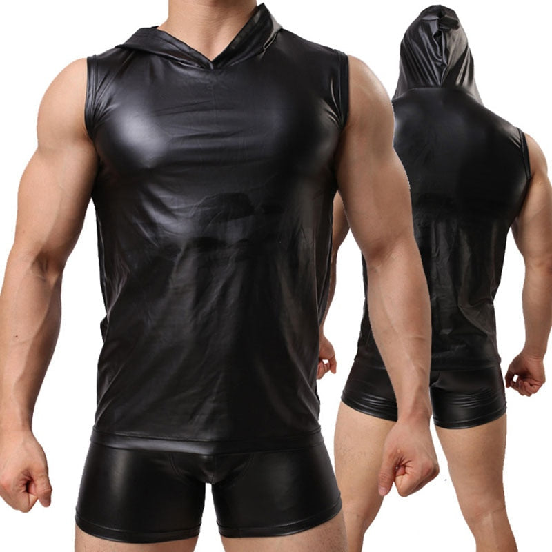Leather Mens Tank Top With Hood + Sexy Shorts