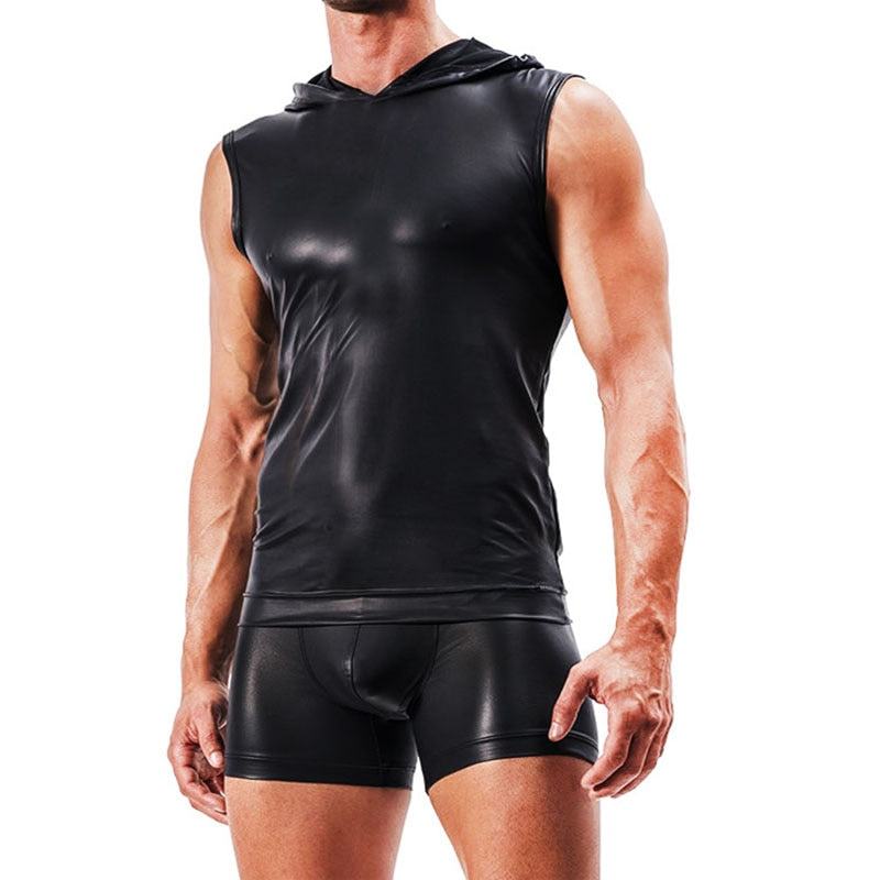 Leather Mens Tank Top With Hood + Sexy Shorts