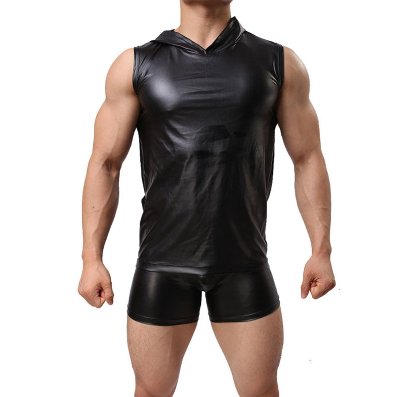 Leather Mens Tank Top With Hood + Sexy Shorts