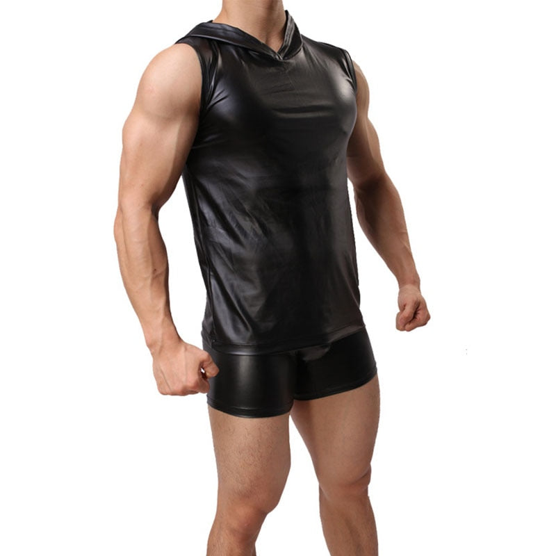 Leather Mens Tank Top With Hood + Sexy Shorts