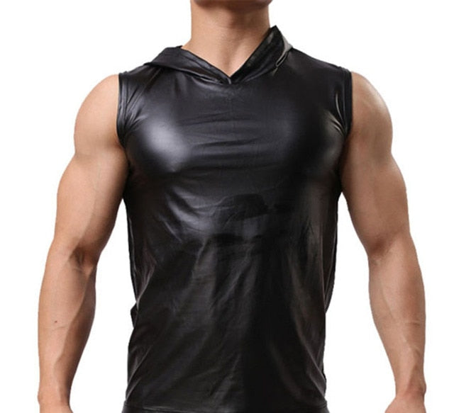 Leather Mens Tank Top With Hood + Sexy Shorts