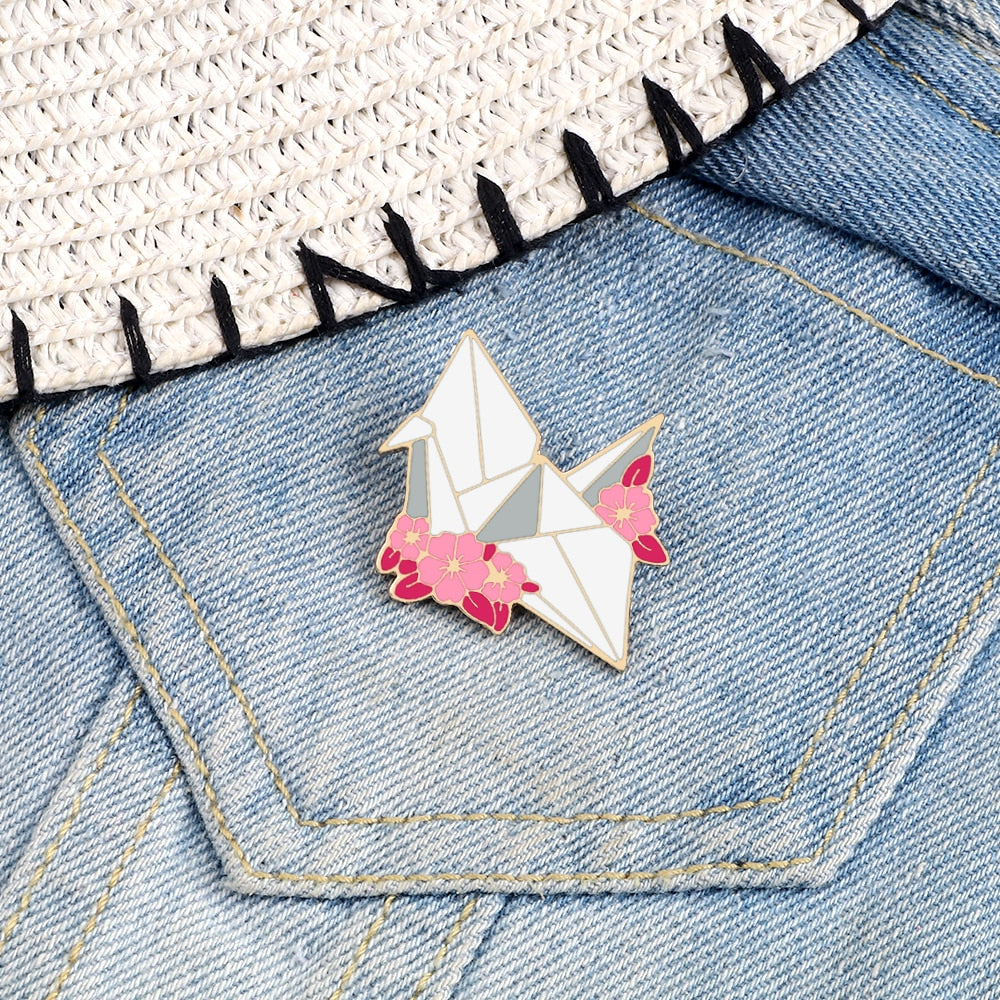Floral Paper Crane Enamel Pin