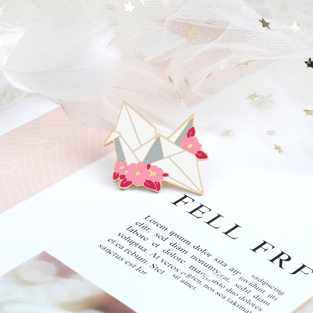 Floral Paper Crane Enamel Pin