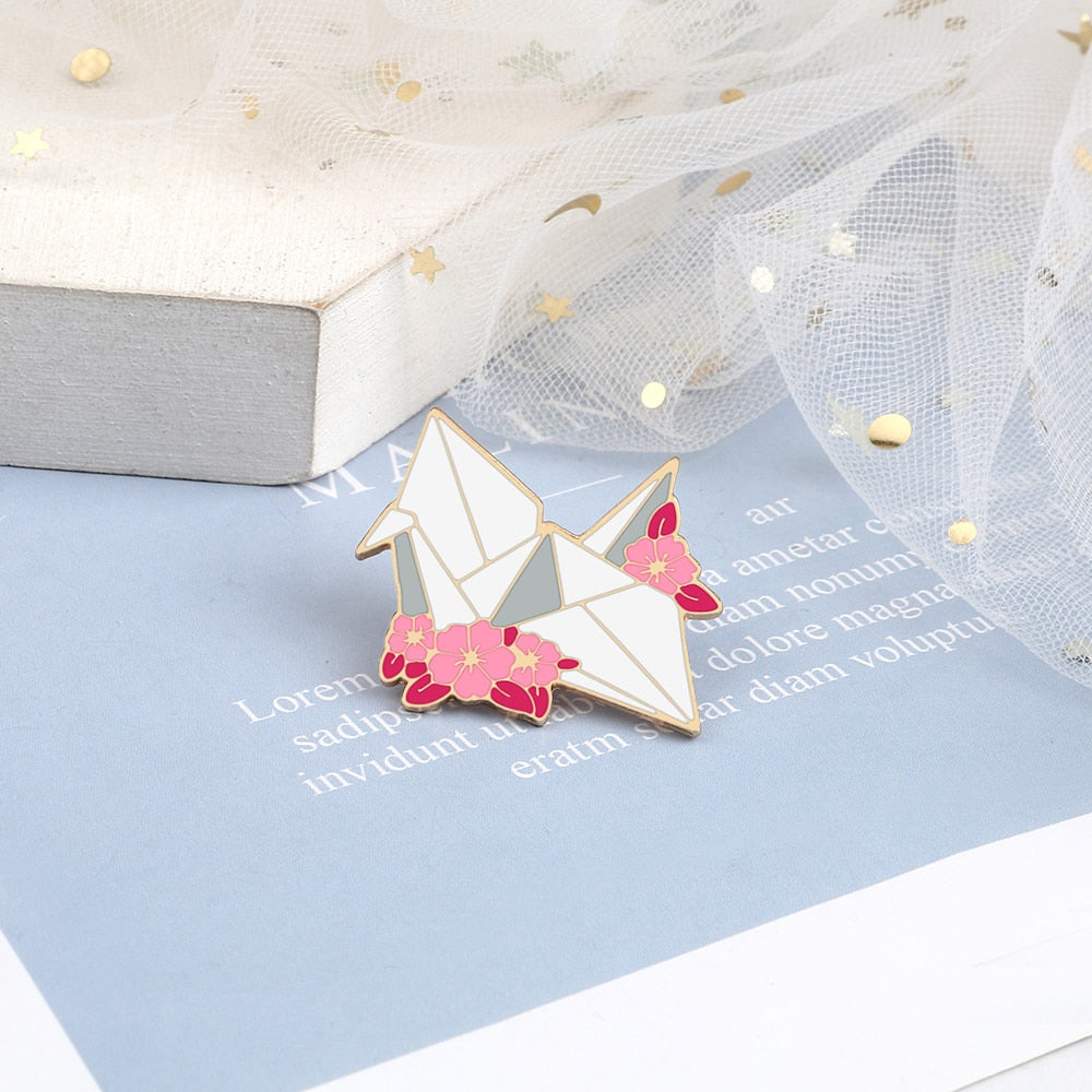 Floral Paper Crane Enamel Pin