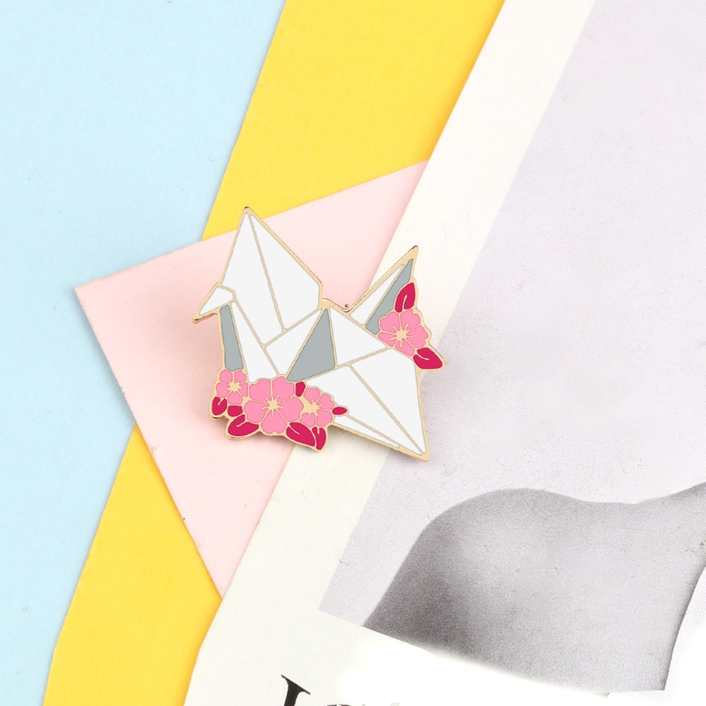Floral Paper Crane Enamel Pin