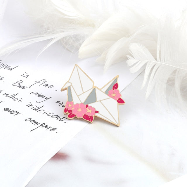 Floral Paper Crane Enamel Pin