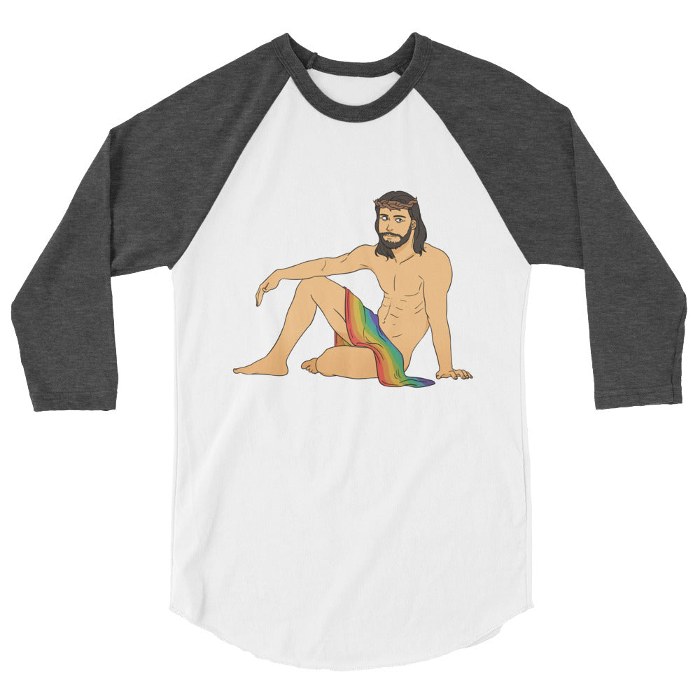 Sexy Gay Jesus 3/4 Sleeve Raglan Shirt